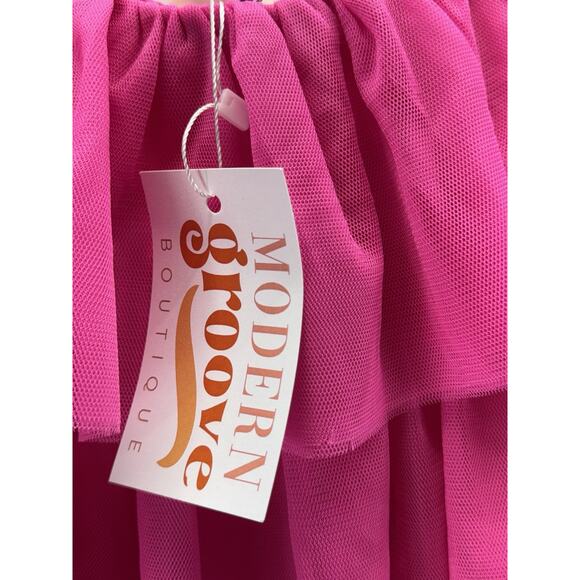 Entro Hot Pink Tiered Ruffle Tank Top Tulle Ribbon Straps Women’s Size Medium - Picture 3 of 10